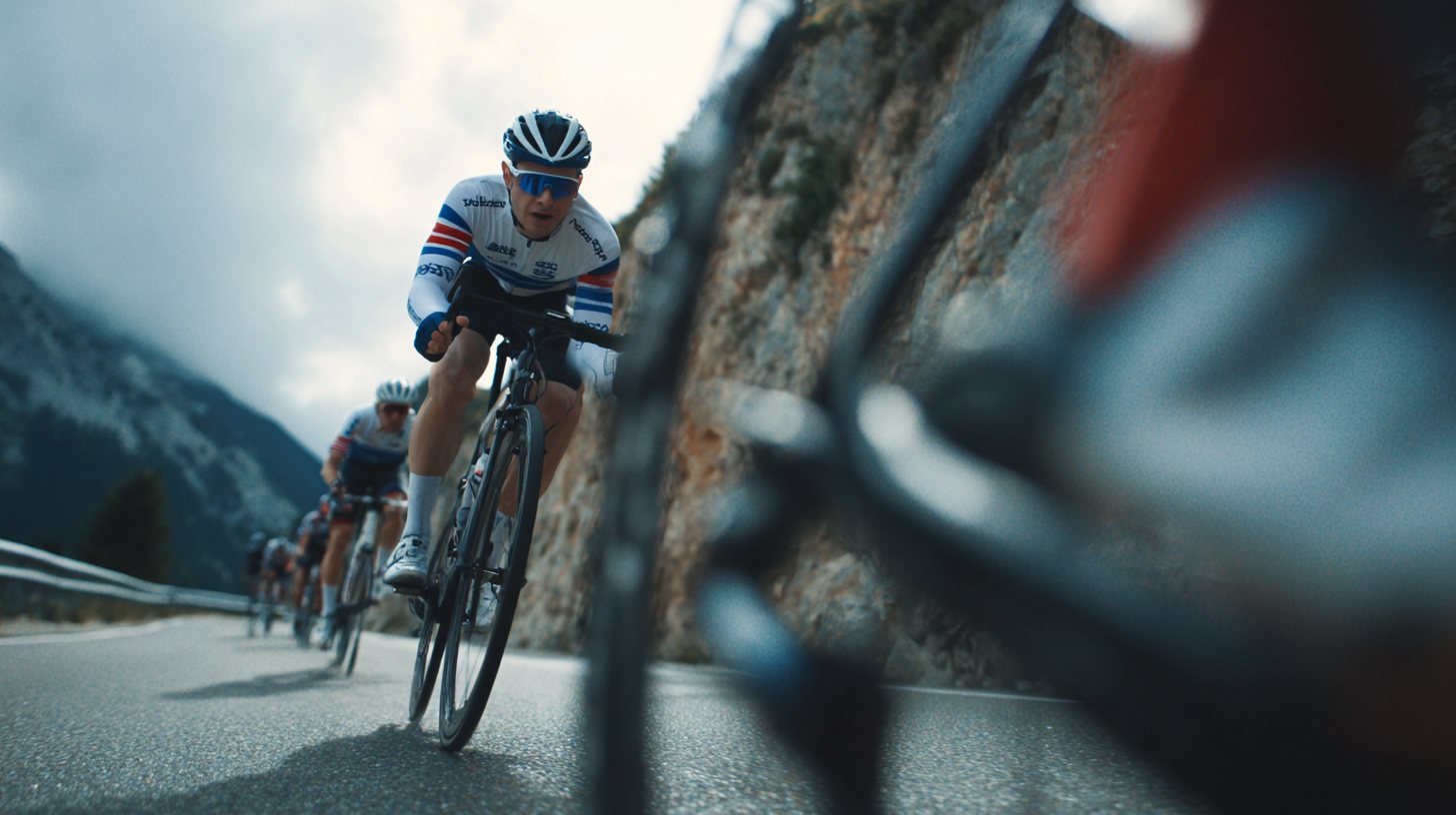 Road cyclists racing close together on a mountain descent